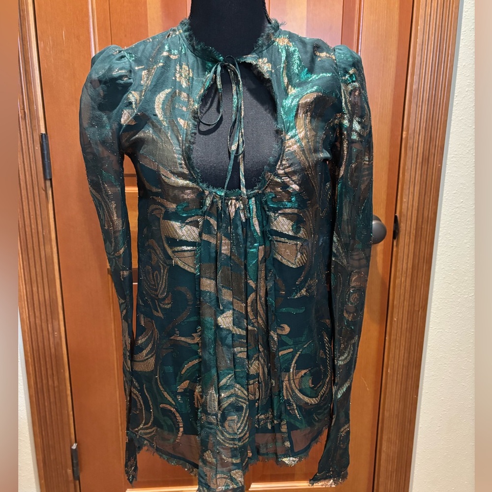 Emilio Pucci Emerald Green and Gold Sheer Tie-Front Blouse